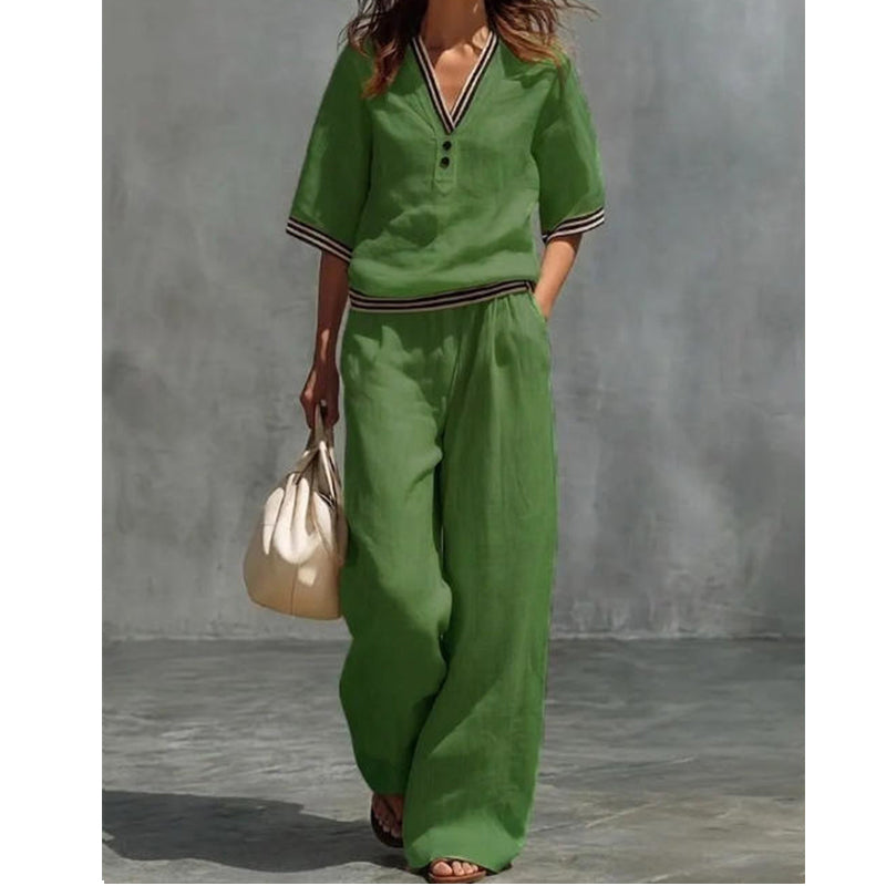 Women's 2-Piece Linen Set - V-Neck Top and Pants