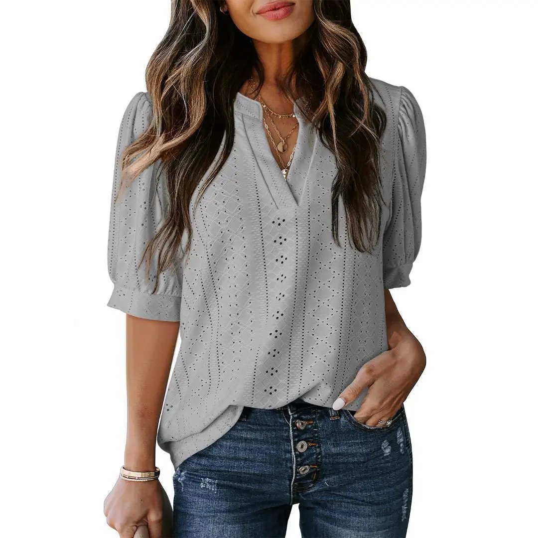 🏆🔥Women's Summer Casual Blouses V Neck Short Sleeve Shirts Hollow Out Cute Tops Loose Fit Breathable Fabric
