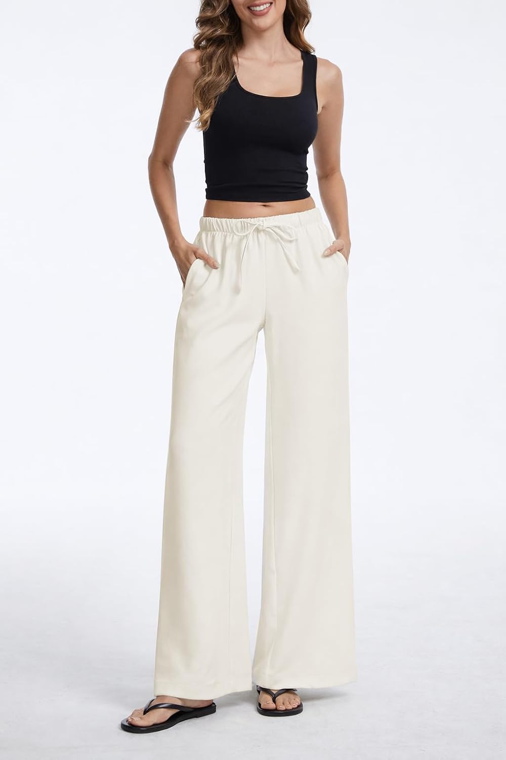 Women's High Waisted Wide Leg Crepe Pants Pleated Pants with Pockets for Work Business Leisure