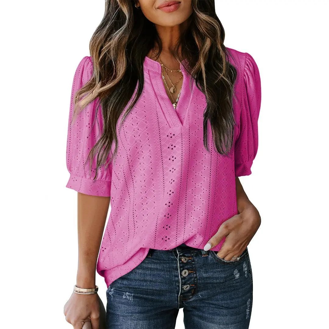 🏆🔥Women's Summer Casual Blouses V Neck Short Sleeve Shirts Hollow Out Cute Tops Loose Fit Breathable Fabric