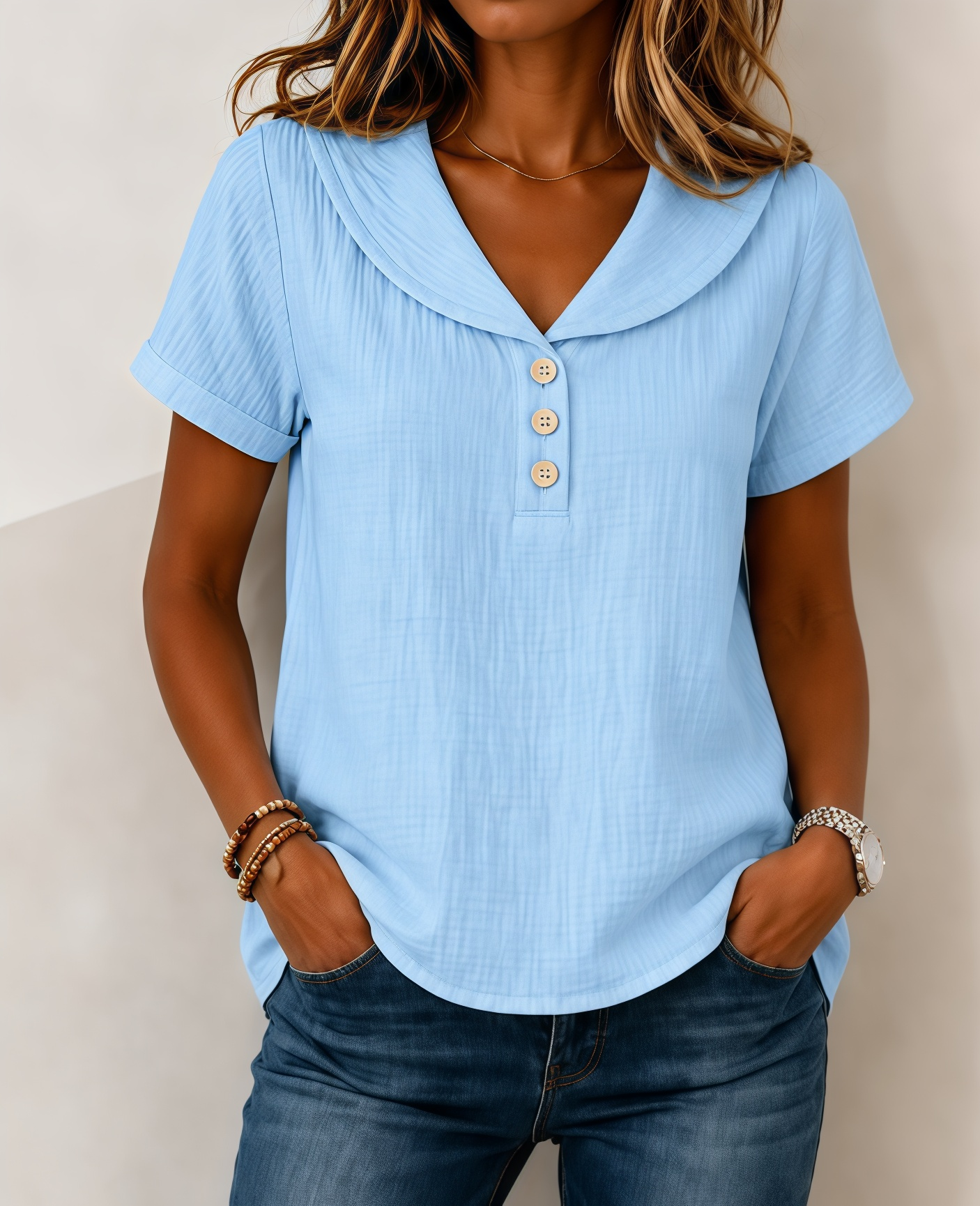 New Arrivals🔥Women's  V Neck Peter Pan Collar Button Short Sleeve T-shirt