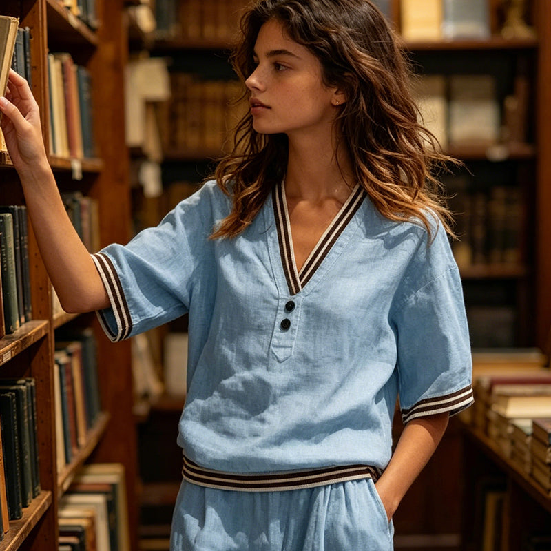 Women's 2-Piece Linen Set - V-Neck Top and Pants