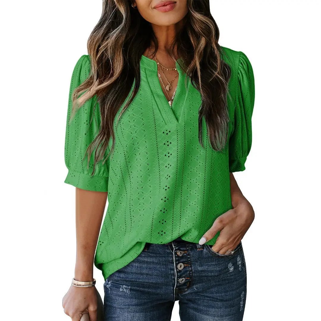 🏆🔥Women's Summer Casual Blouses V Neck Short Sleeve Shirts Hollow Out Cute Tops Loose Fit Breathable Fabric