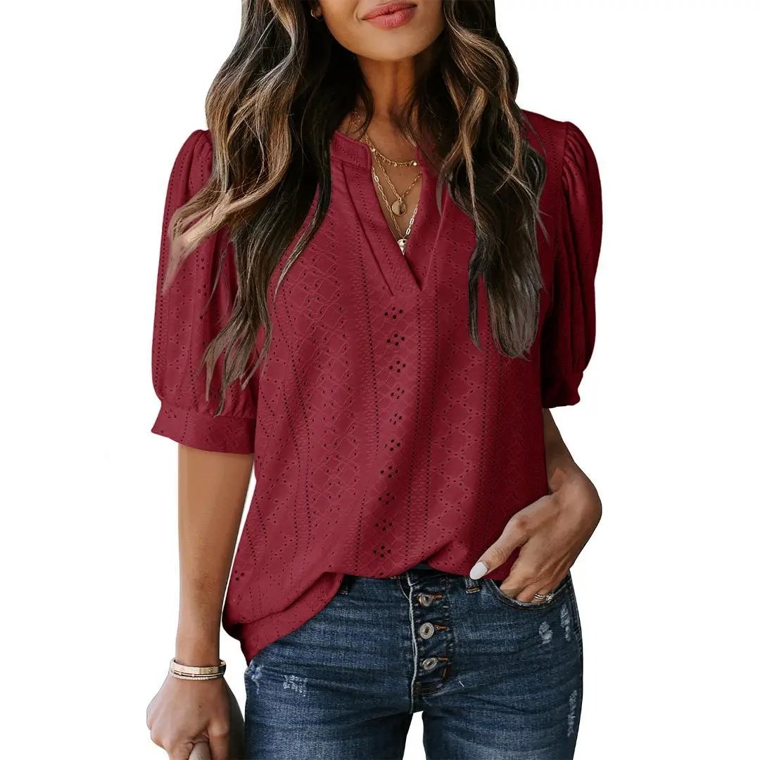 🏆🔥Women's Summer Casual Blouses V Neck Short Sleeve Shirts Hollow Out Cute Tops Loose Fit Breathable Fabric