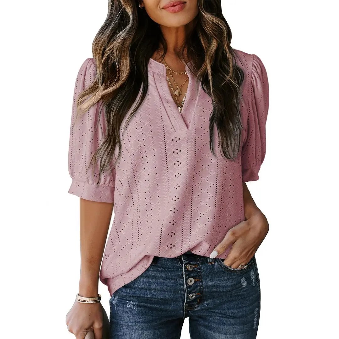 🏆🔥Women's Summer Casual Blouses V Neck Short Sleeve Shirts Hollow Out Cute Tops Loose Fit Breathable Fabric
