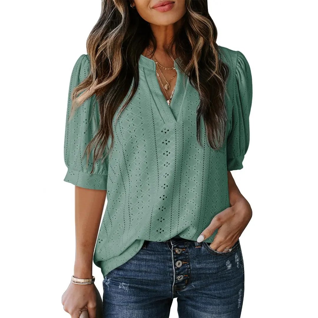 🏆🔥Women's Summer Casual Blouses V Neck Short Sleeve Shirts Hollow Out Cute Tops Loose Fit Breathable Fabric