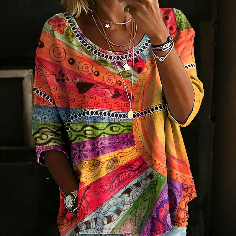 Women's Bohemian Vintage Rainbow Art Print Flowy Linen Blend Casual Tops