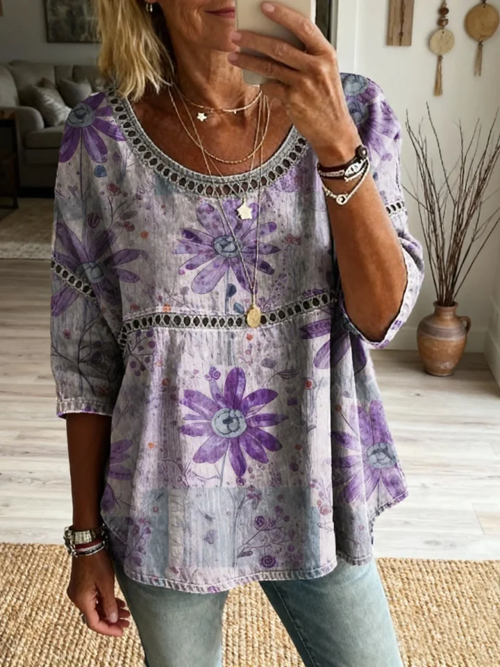 Women's Bohemian Vintage Floral Art Print Flowy Linen Blend Casual Tops