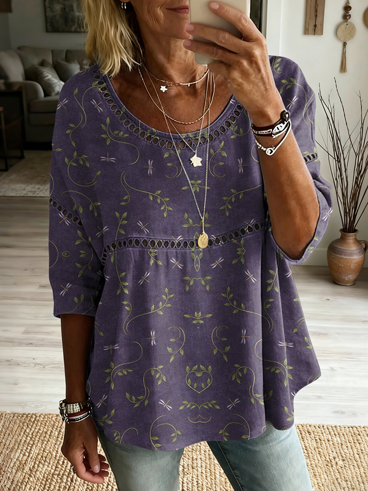Women's Retro Dragonfly Art Print Flowy Linen Blend Casual Tops