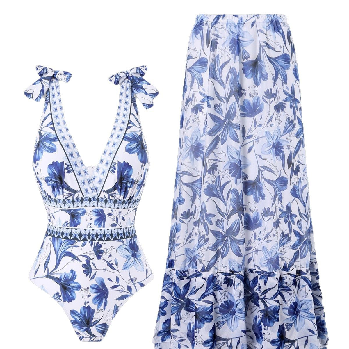 - blue and white porcelain swimsuit wrap skirt suits