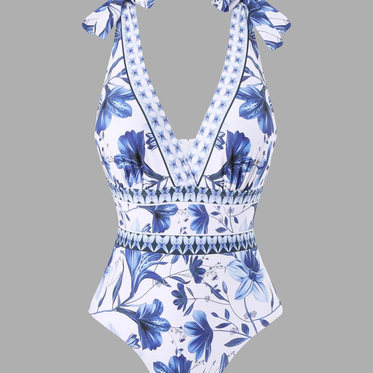 - blue and white porcelain swimsuit wrap skirt suits
