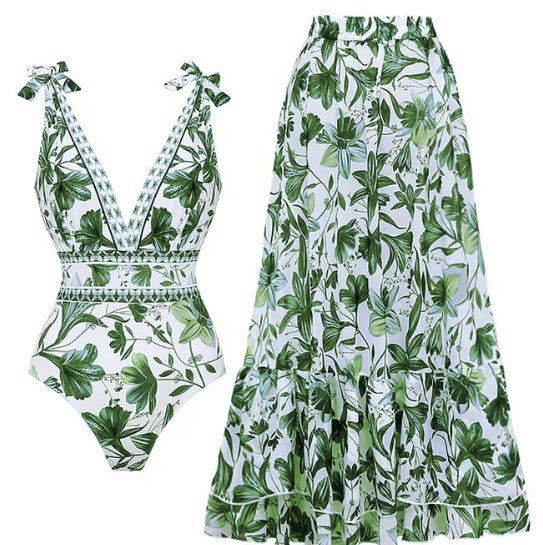 - blue and white porcelain swimsuit wrap skirt suits