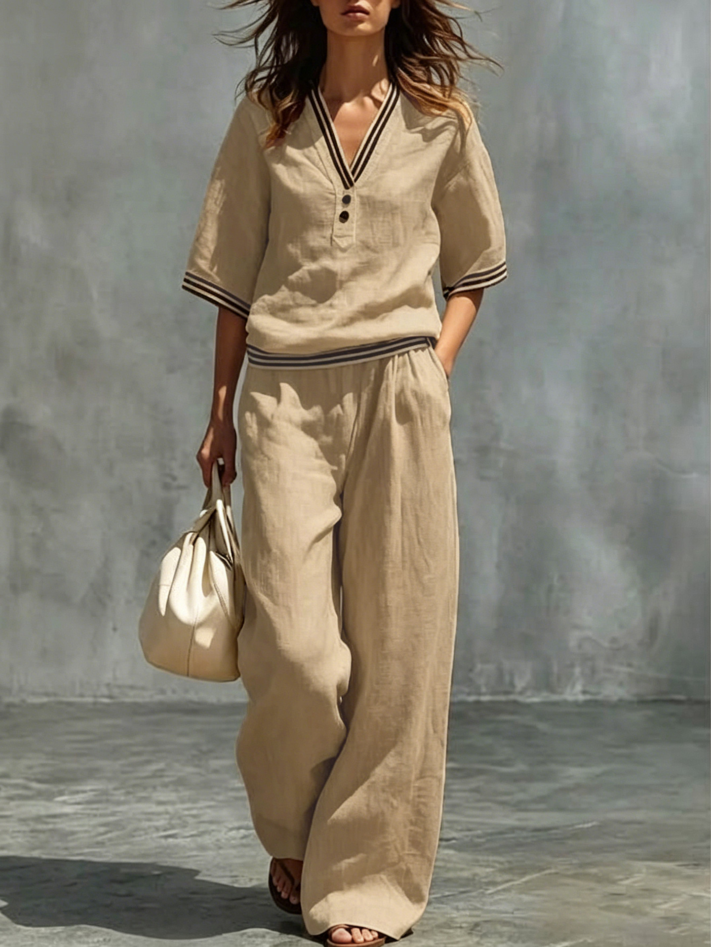 Women's 2-Piece Linen Set - V-Neck Top and Pants