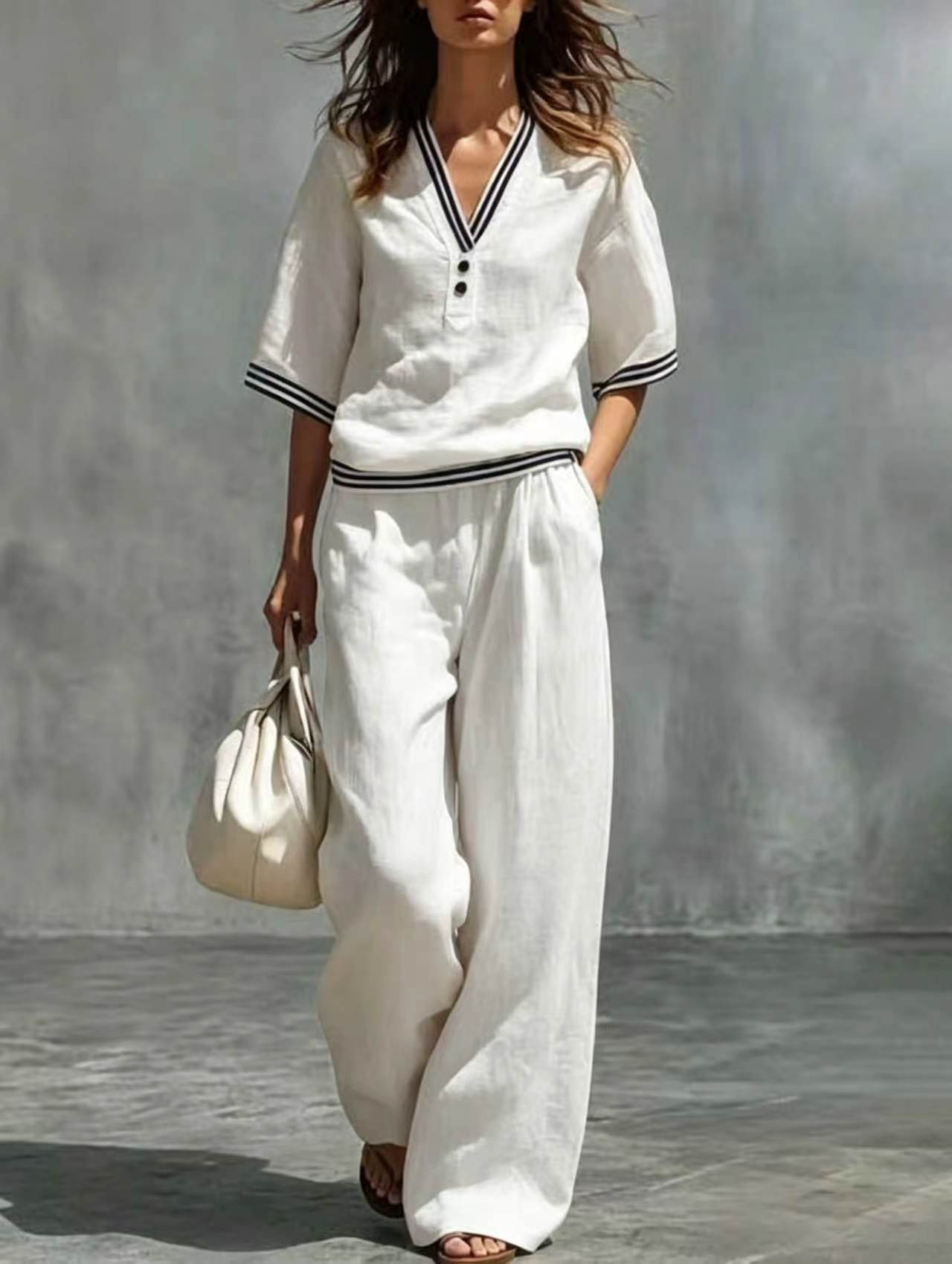 Women's 2-Piece Linen Set - V-Neck Top and Pants