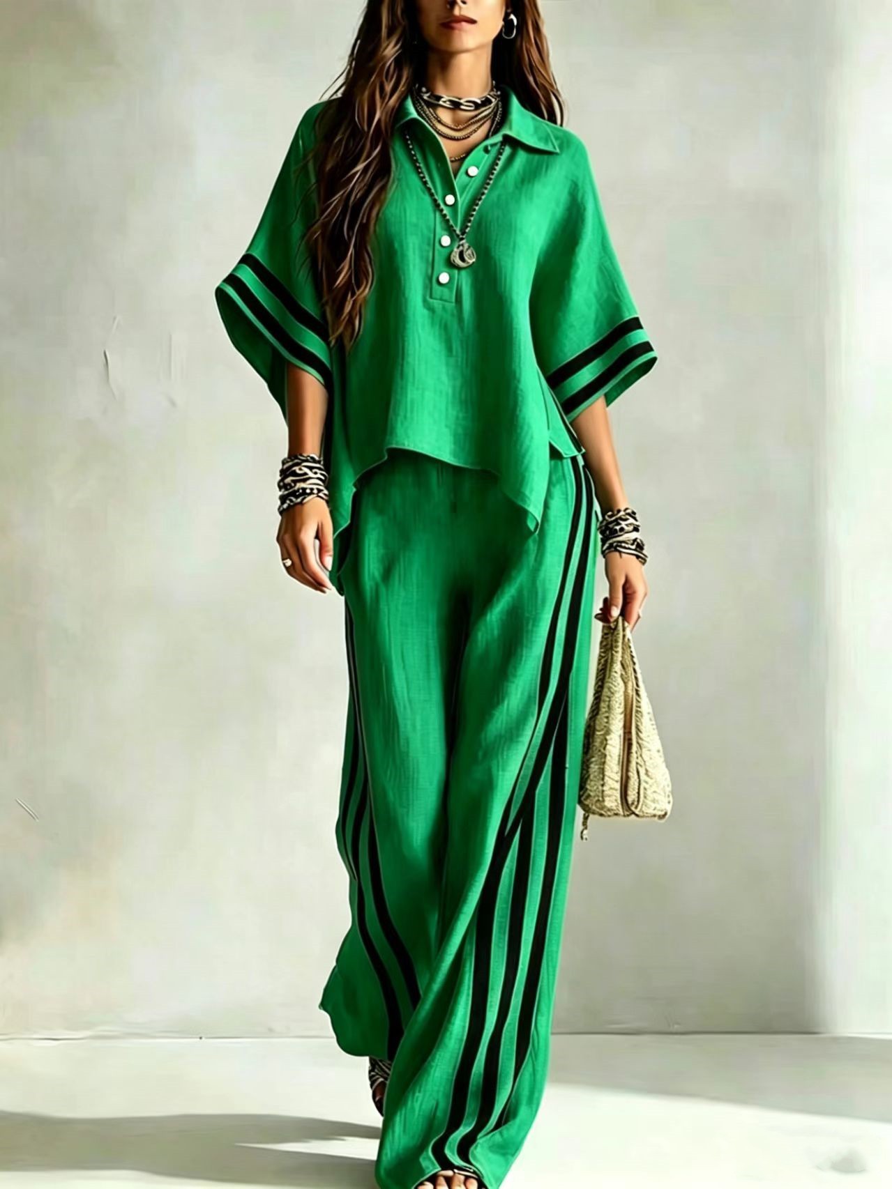 Casual Vacation Color-block Trim Cotton-linen Two-piece Set