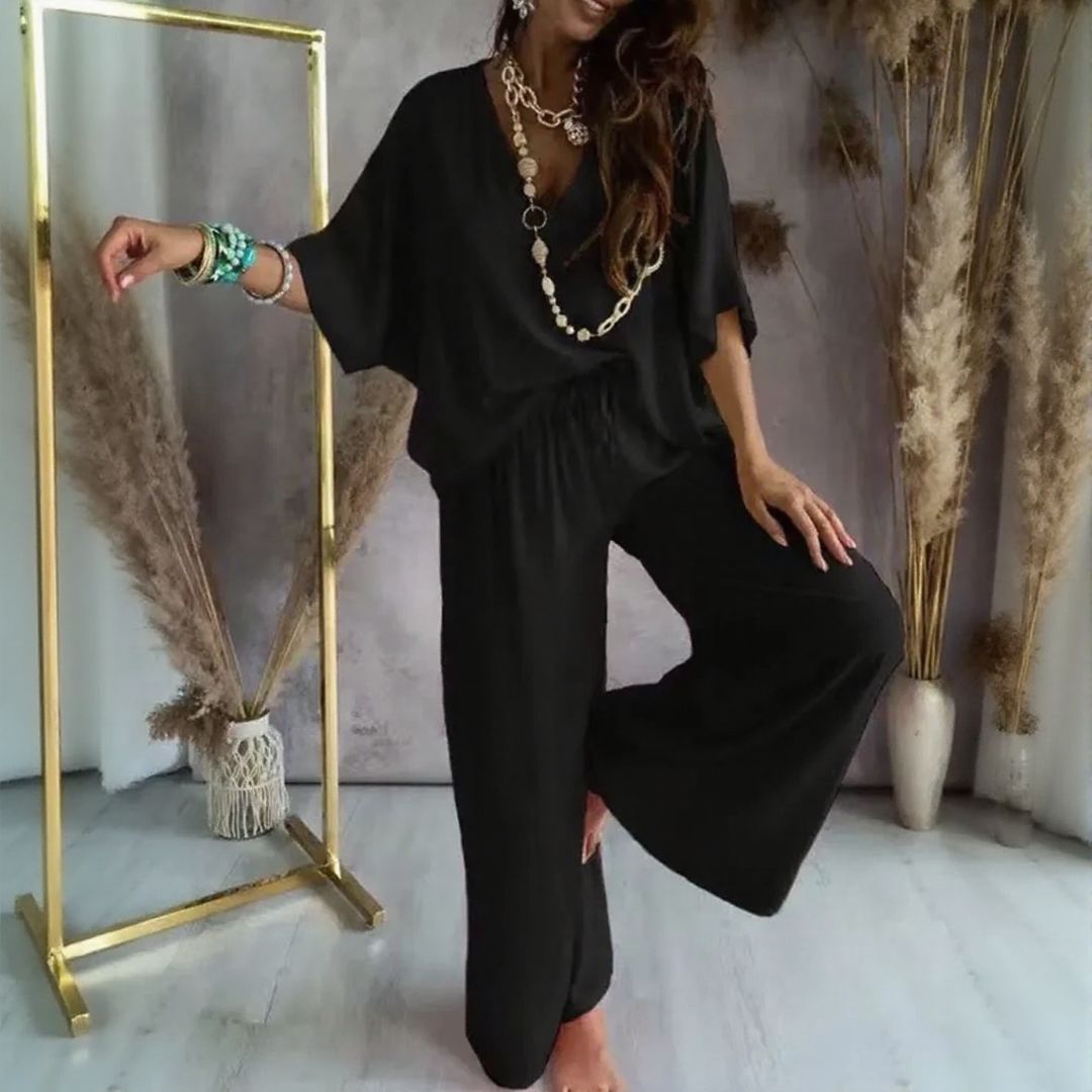 Mediaandart™ Set With V-Neck Blouse & Adjustable Drawstring Palazzo Pants