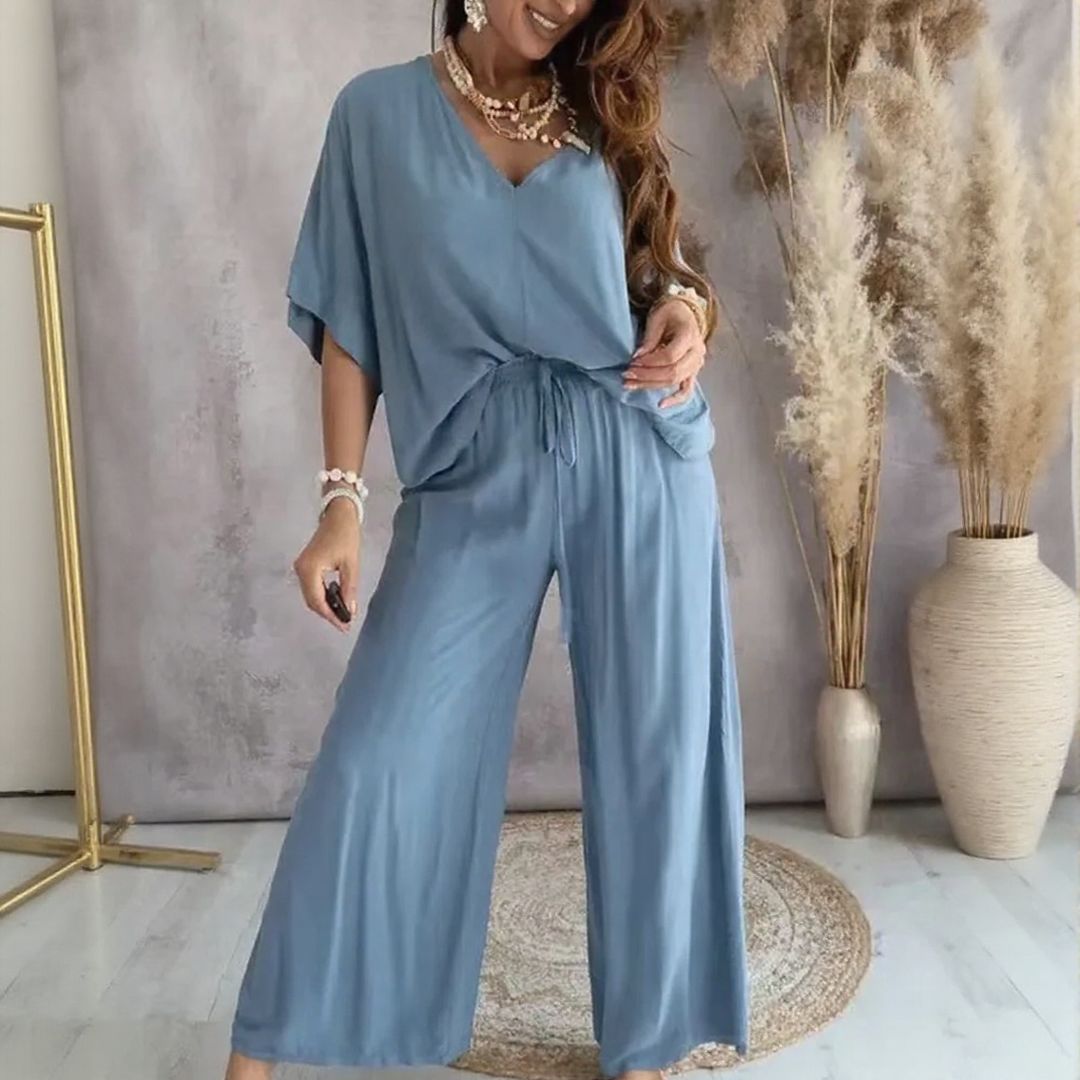 Mediaandart™ Set With V-Neck Blouse & Adjustable Drawstring Palazzo Pants