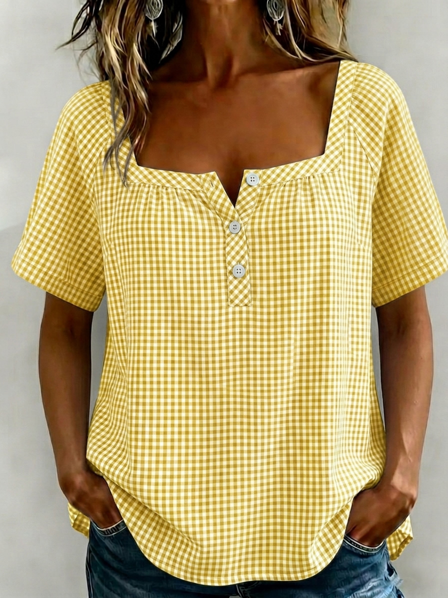 New Arrival 🔥 Women's Square Collar Checkered Cotton-Linen Blouse
