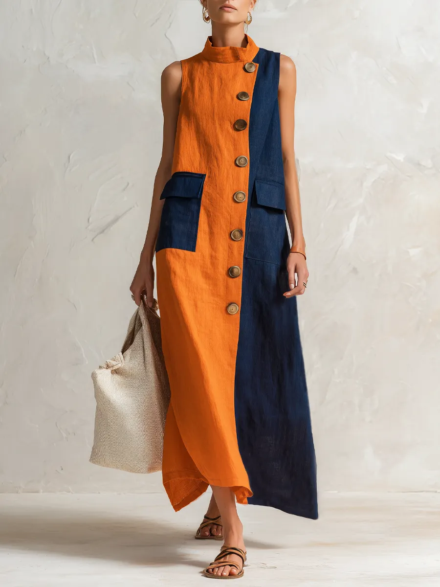 Women's Classic Cotton-Linen Sleeveless Color-Block Loose Maxi Dress