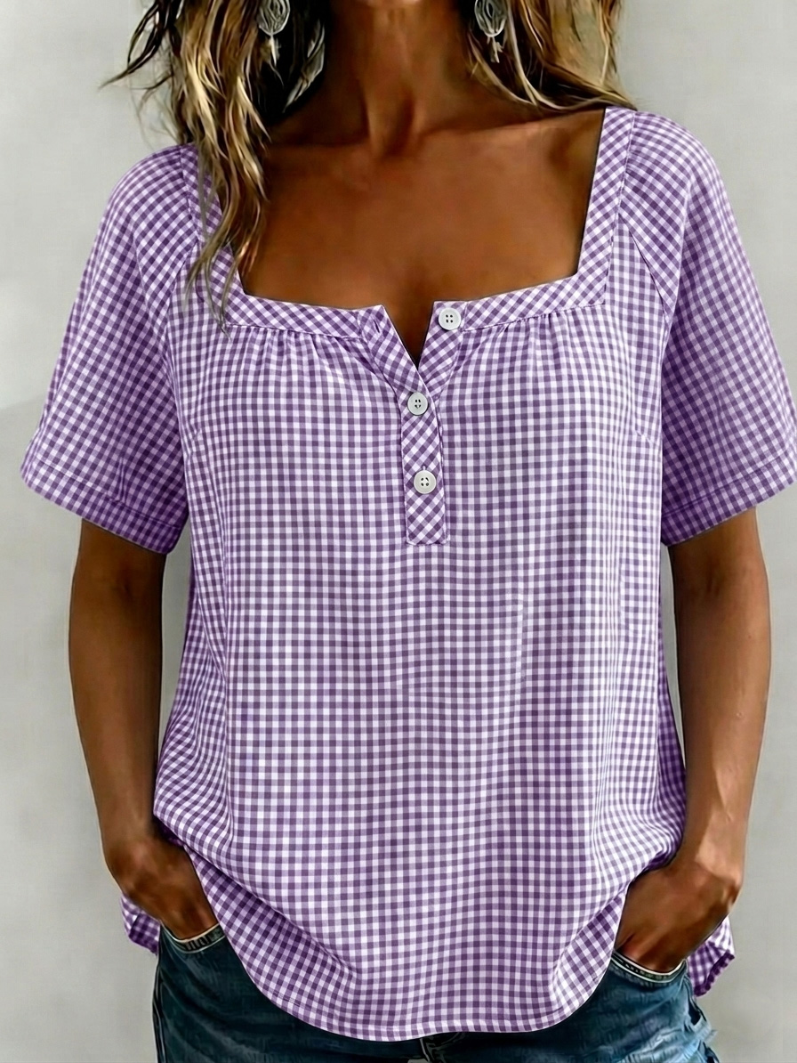 New Arrival 🔥 Women's Square Collar Checkered Cotton-Linen Blouse