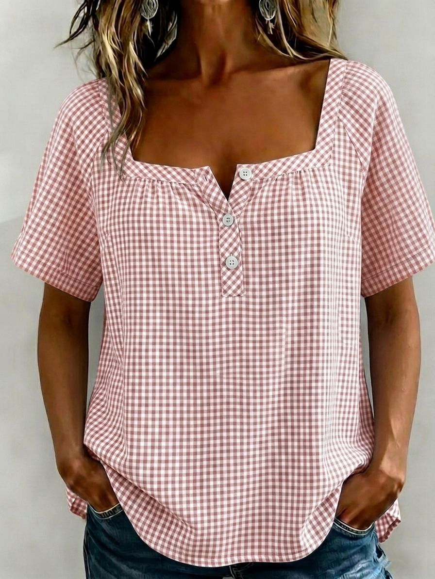 New Arrival 🔥 Women's Square Collar Checkered Cotton-Linen Blouse