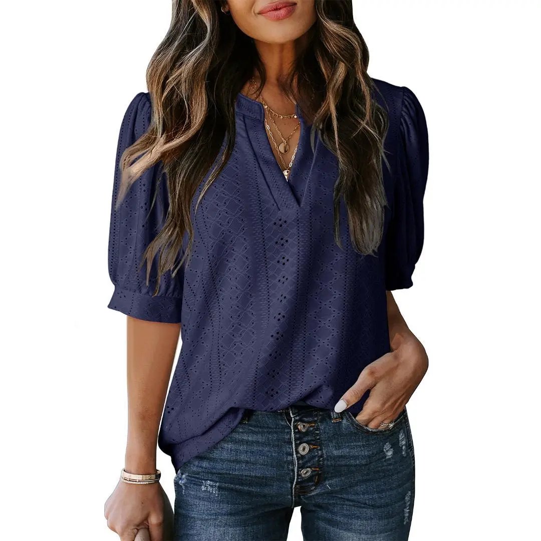 🏆🔥Women's Summer Casual Blouses V Neck Short Sleeve Shirts Hollow Out Cute Tops Loose Fit Breathable Fabric