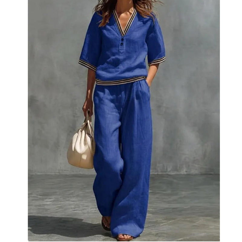 Women's 2-Piece Linen Set - V-Neck Top and Pants
