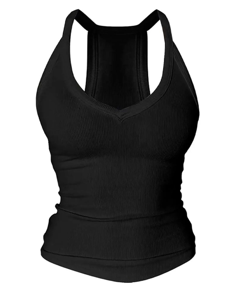 Built-in Bra V-Neck Ribbed Spaghetti Strap Cami Top