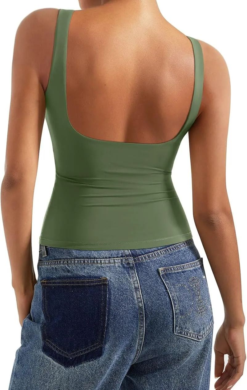 Women Padded Open Back Boat Neck Tank Tops Double Lined Basic Shirts