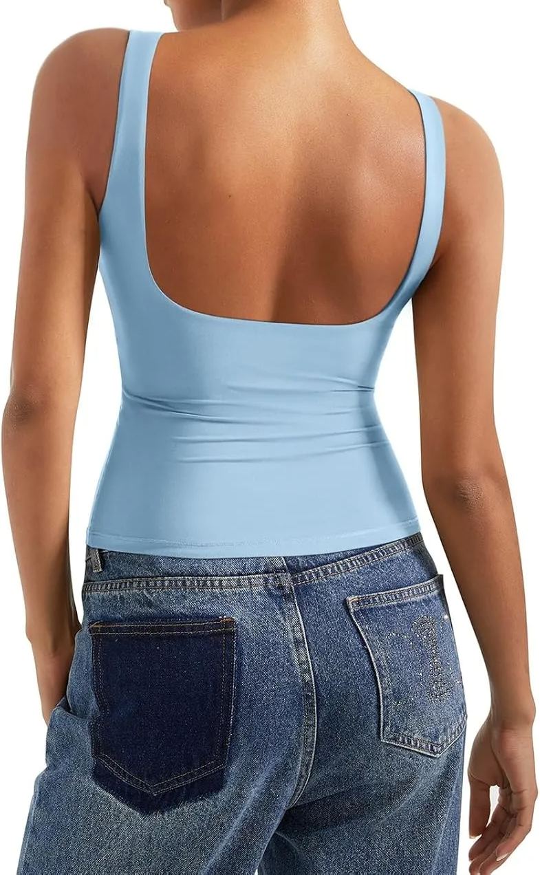 Women Padded Open Back Boat Neck Tank Tops Double Lined Basic Shirts