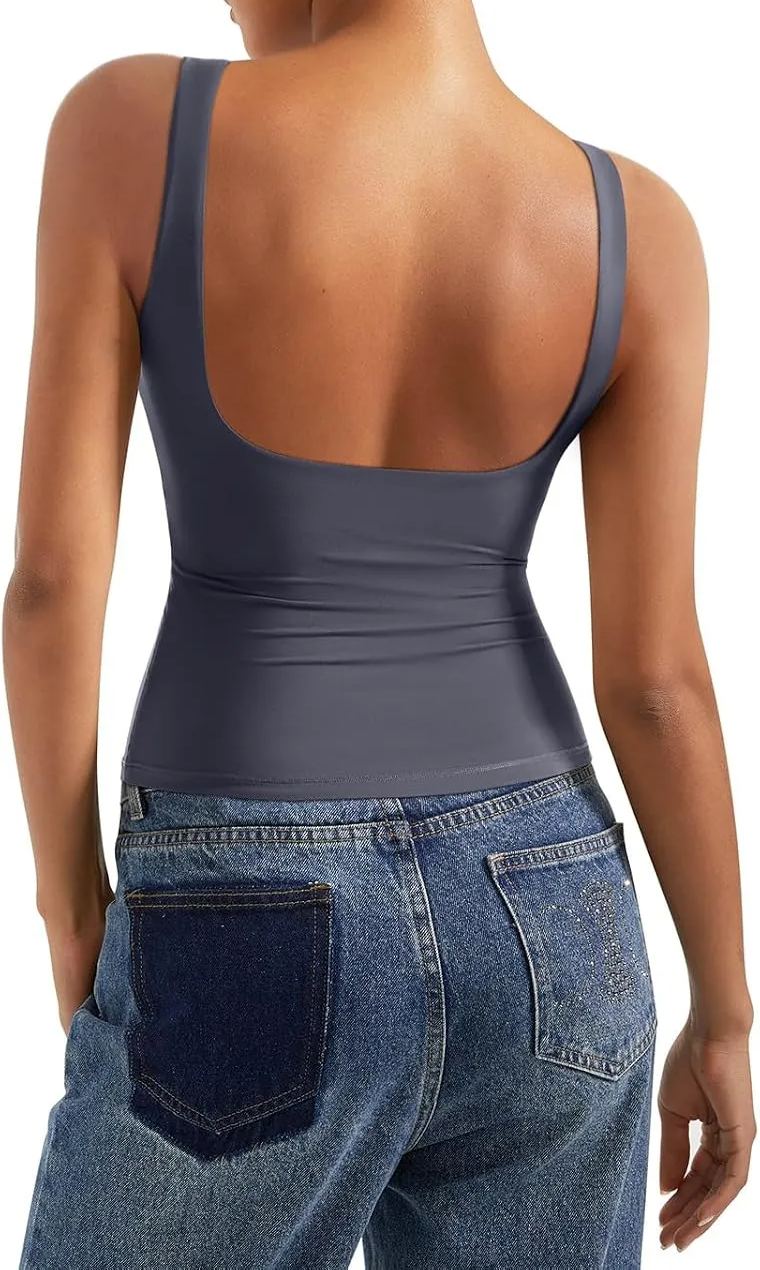 Women Padded Open Back Boat Neck Tank Tops Double Lined Basic Shirts
