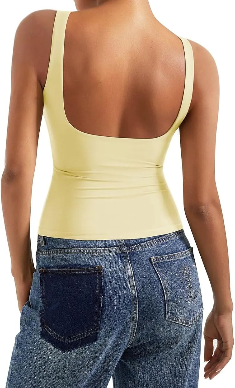 Women Padded Open Back Boat Neck Tank Tops Double Lined Basic Shirts