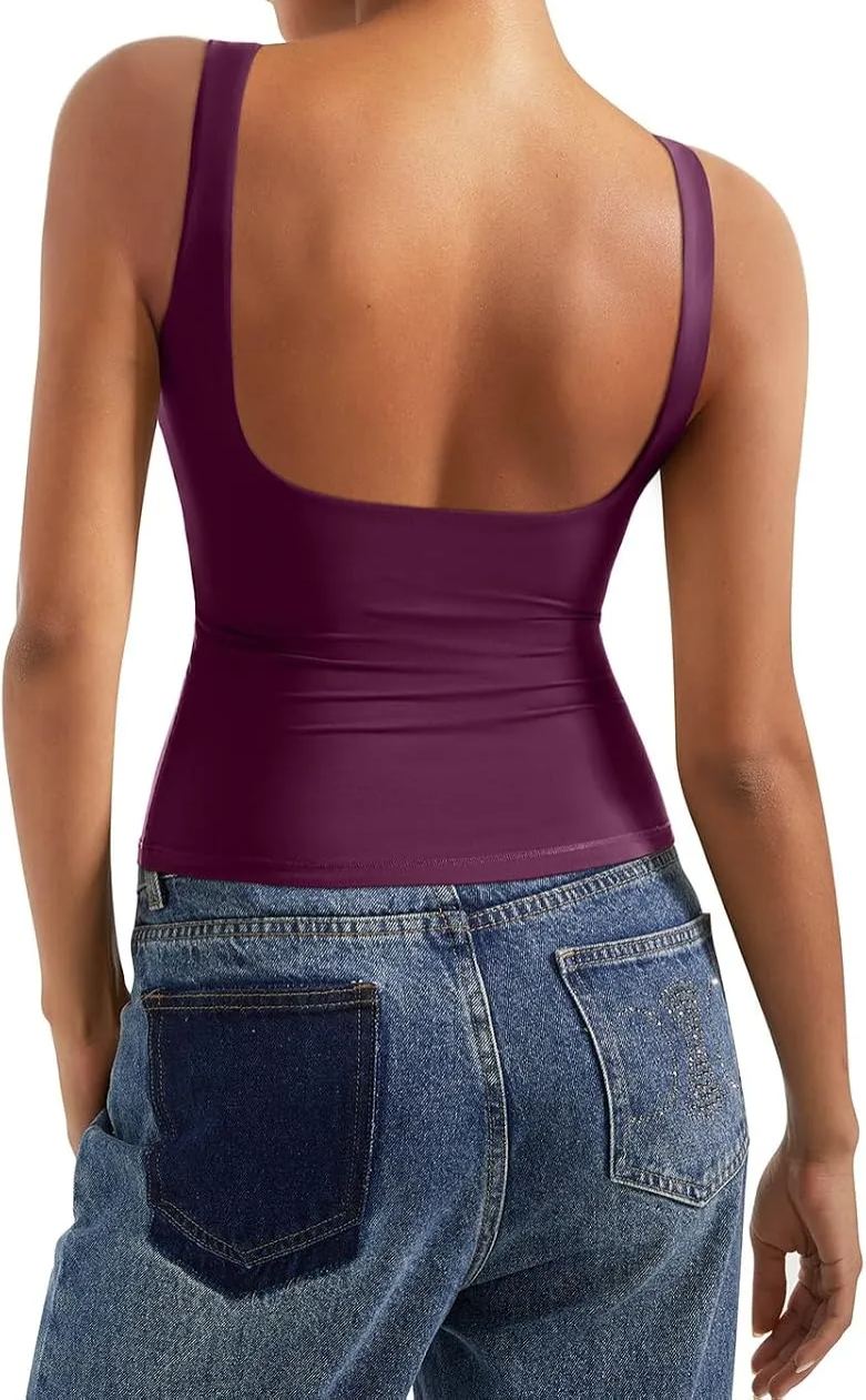 Women Padded Open Back Boat Neck Tank Tops Double Lined Basic Shirts