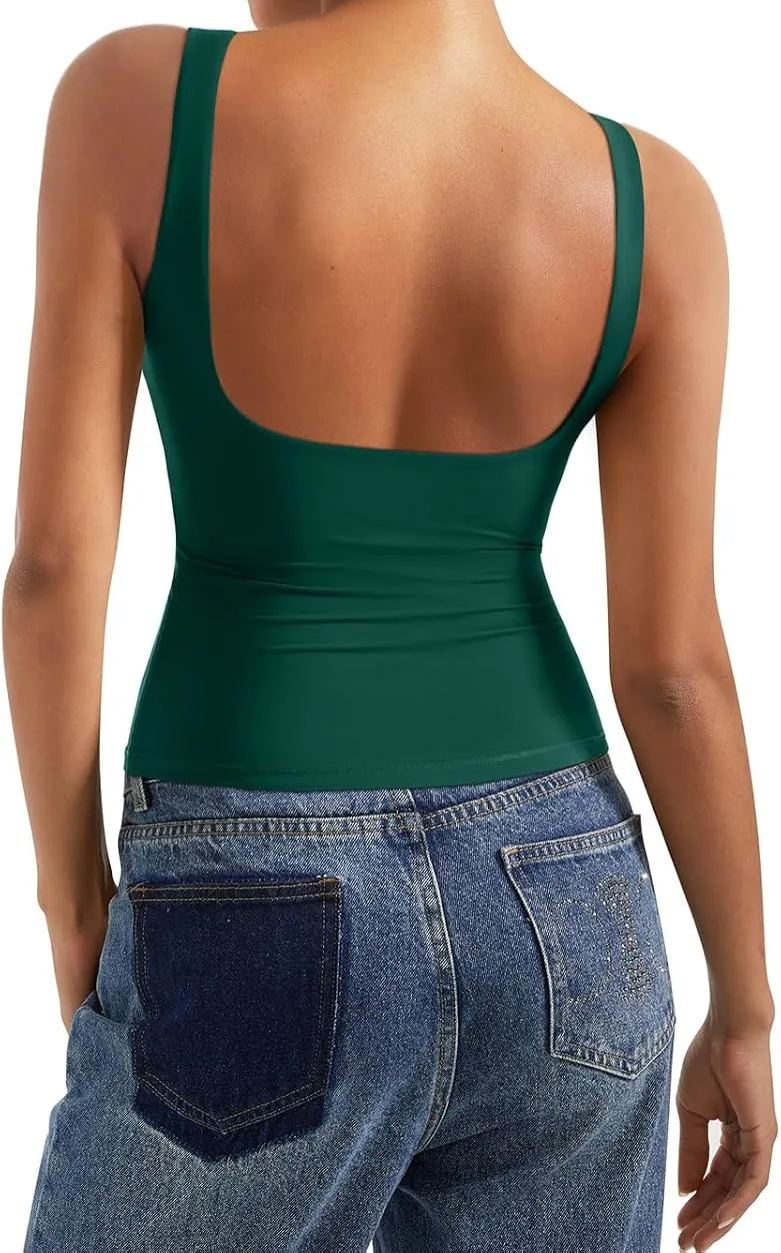 Women Padded Open Back Boat Neck Tank Tops Double Lined Basic Shirts