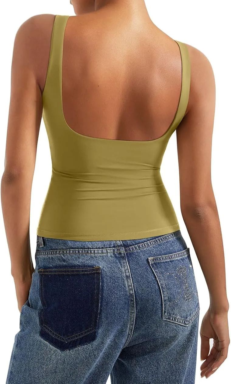Women Padded Open Back Boat Neck Tank Tops Double Lined Basic Shirts