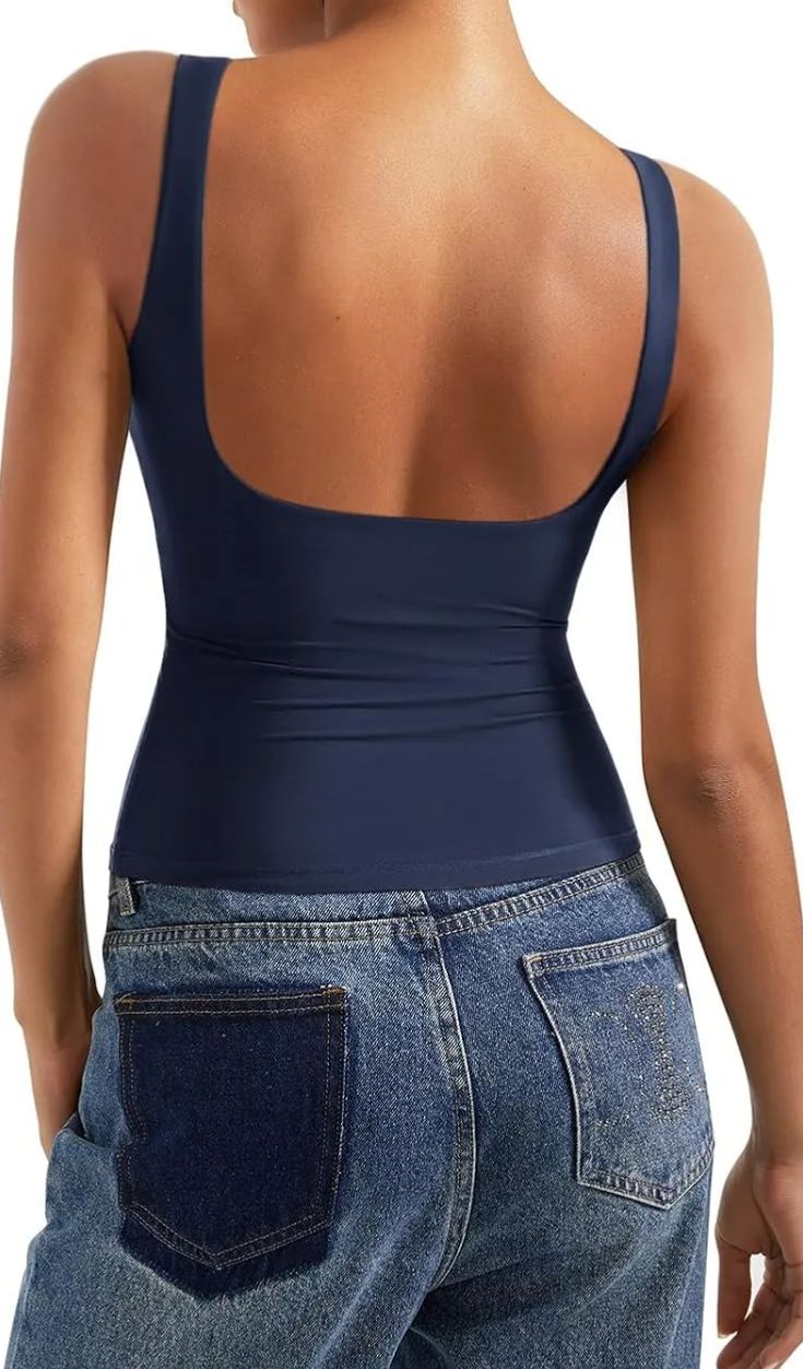 Women Padded Open Back Boat Neck Tank Tops Double Lined Basic Shirts
