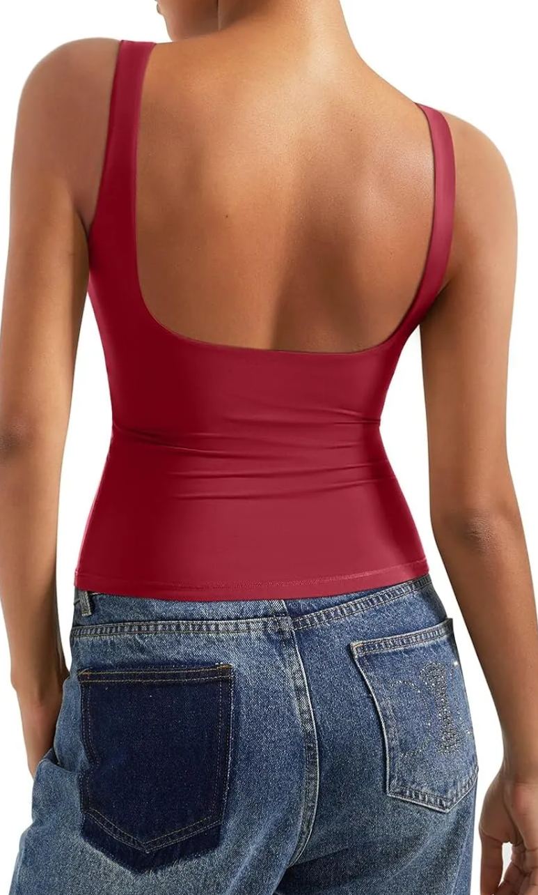 Women Padded Open Back Boat Neck Tank Tops Double Lined Basic Shirts