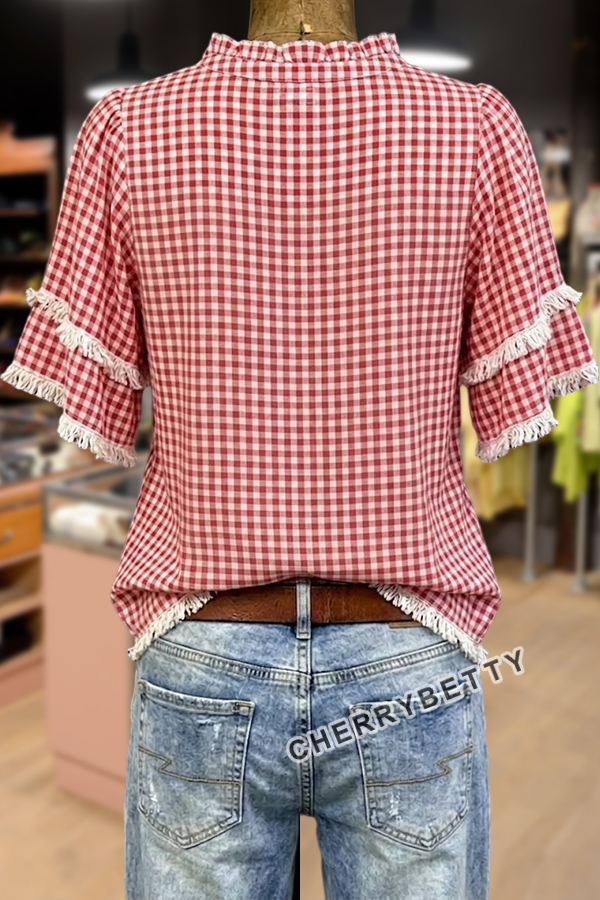 Classic Gingham V-Neck Frayed Hem Cotton Top