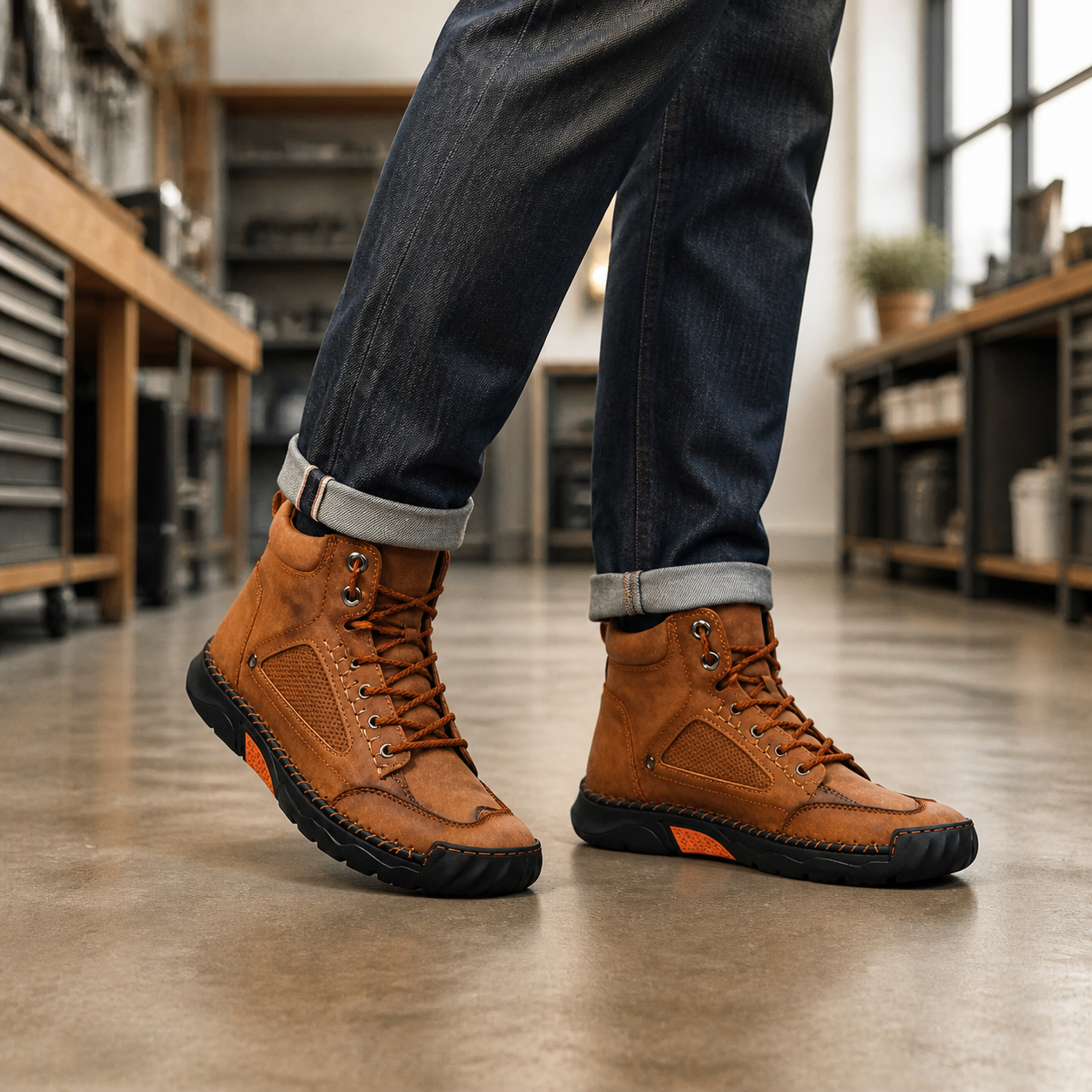 Brown comfort boots worn in a clean workshop