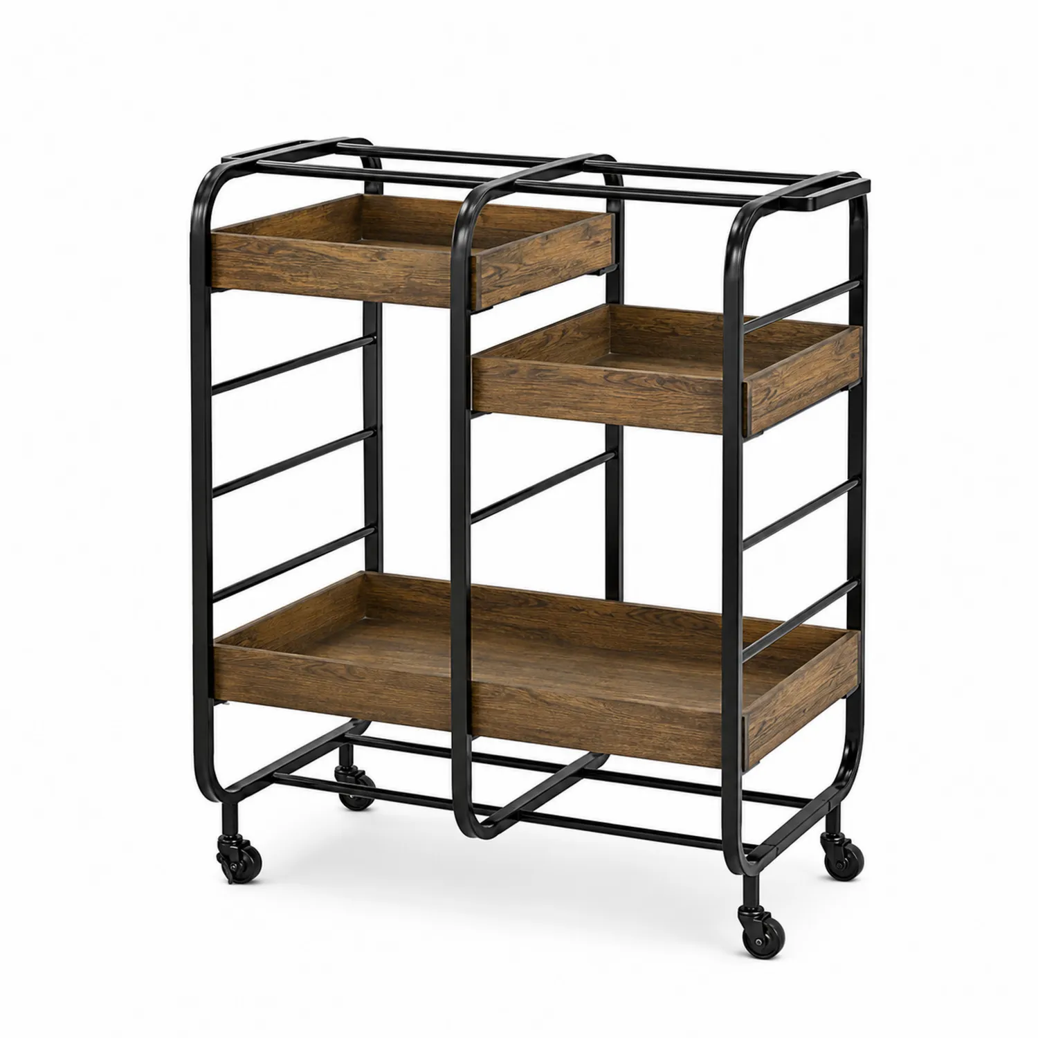 Carrello in Metallo Nero con Ripiani in Legno Marrone