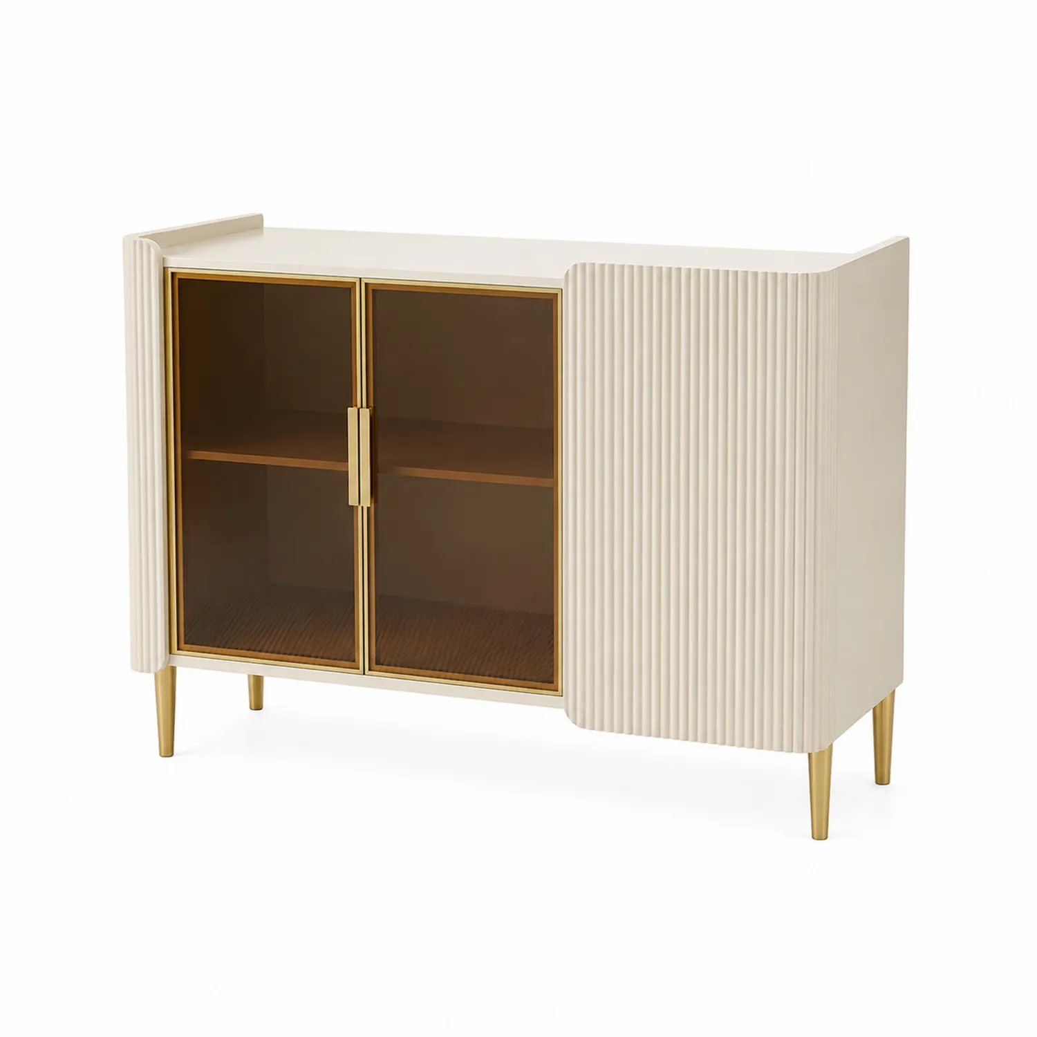 Credenza in legno con ante in vetro temperato e dettagli in oro