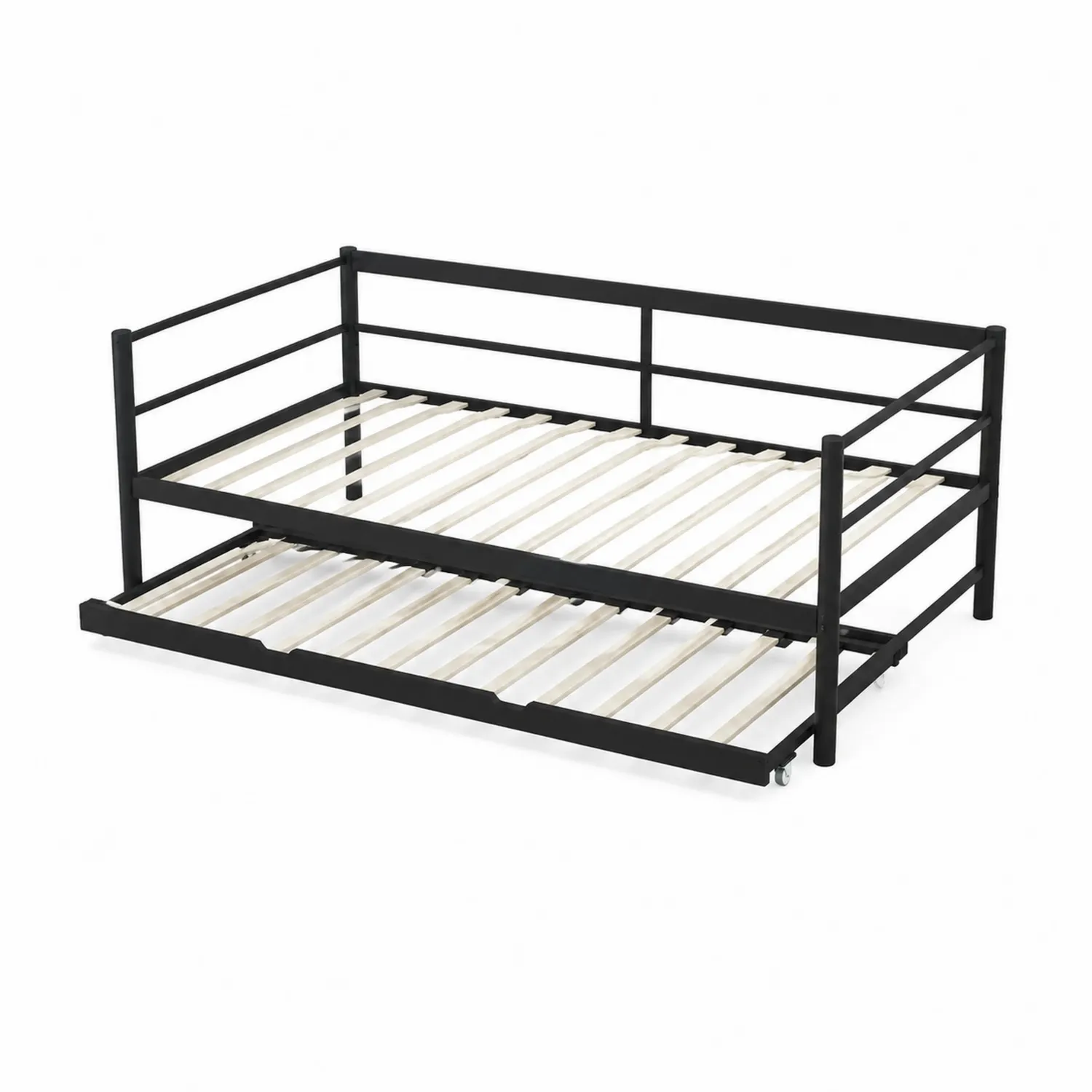 Letto estraibile in metallo nero con doghe in legno, 200x90x95 cm