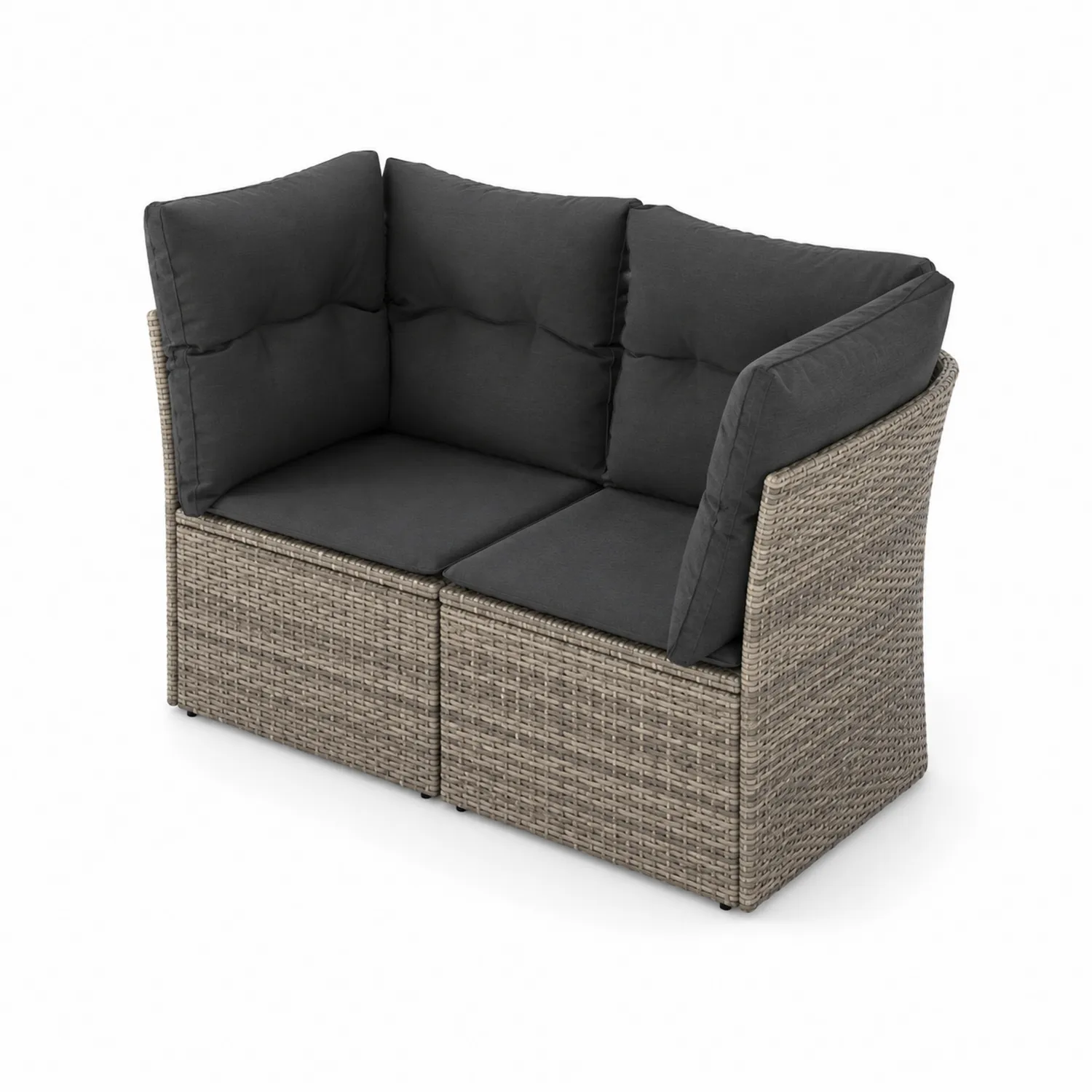 Divano angolare da giardino in rattan grigio con cuscini in poliestere nero