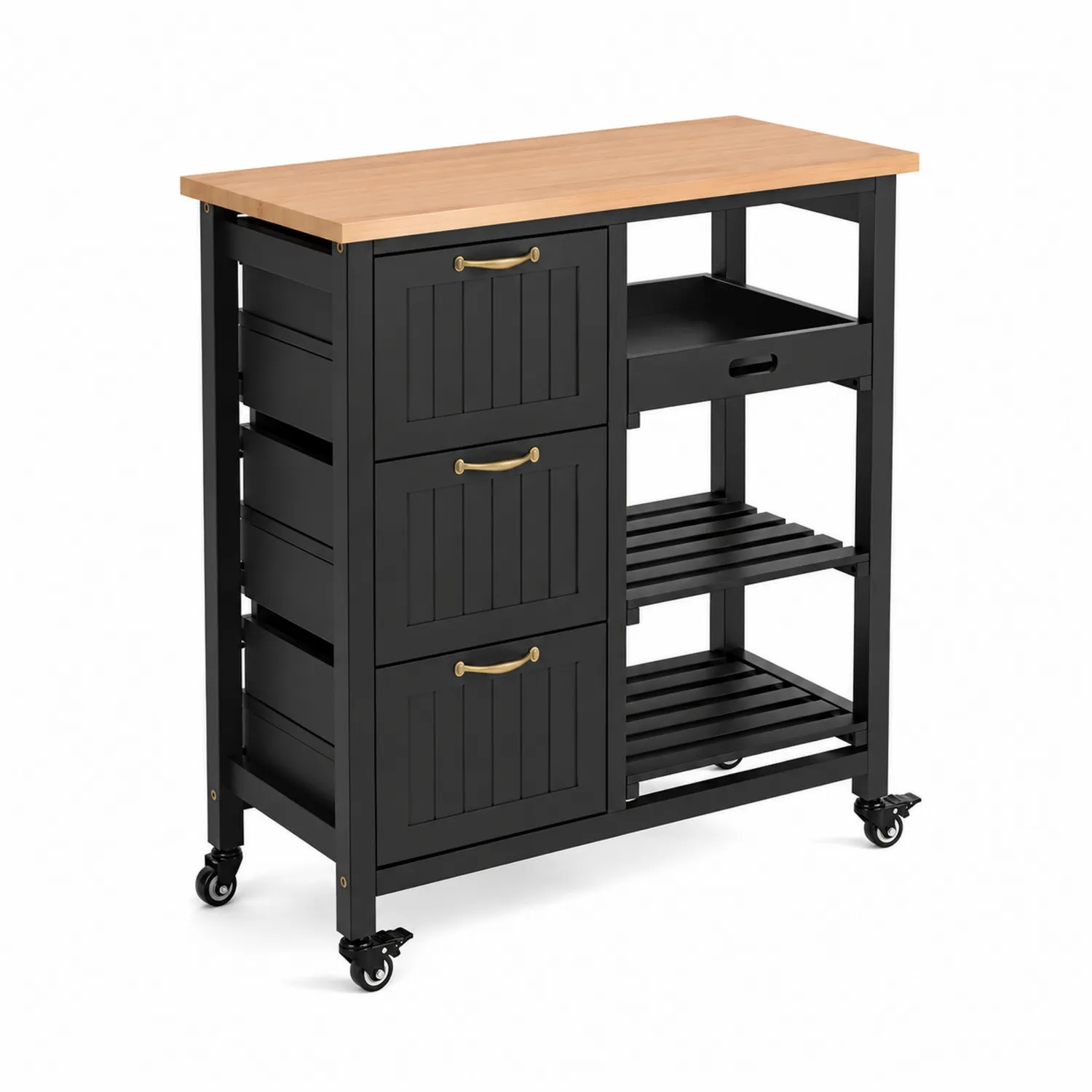 Carrello cucina nero con piano in legno e ruote
