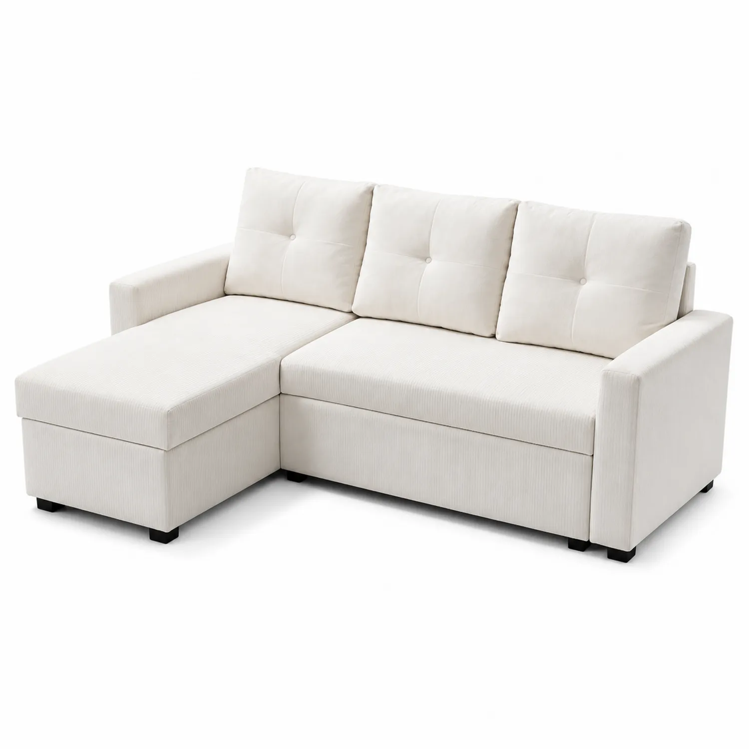 Divano componibile in tessuto crema con chaise longue e vano portaoggetti