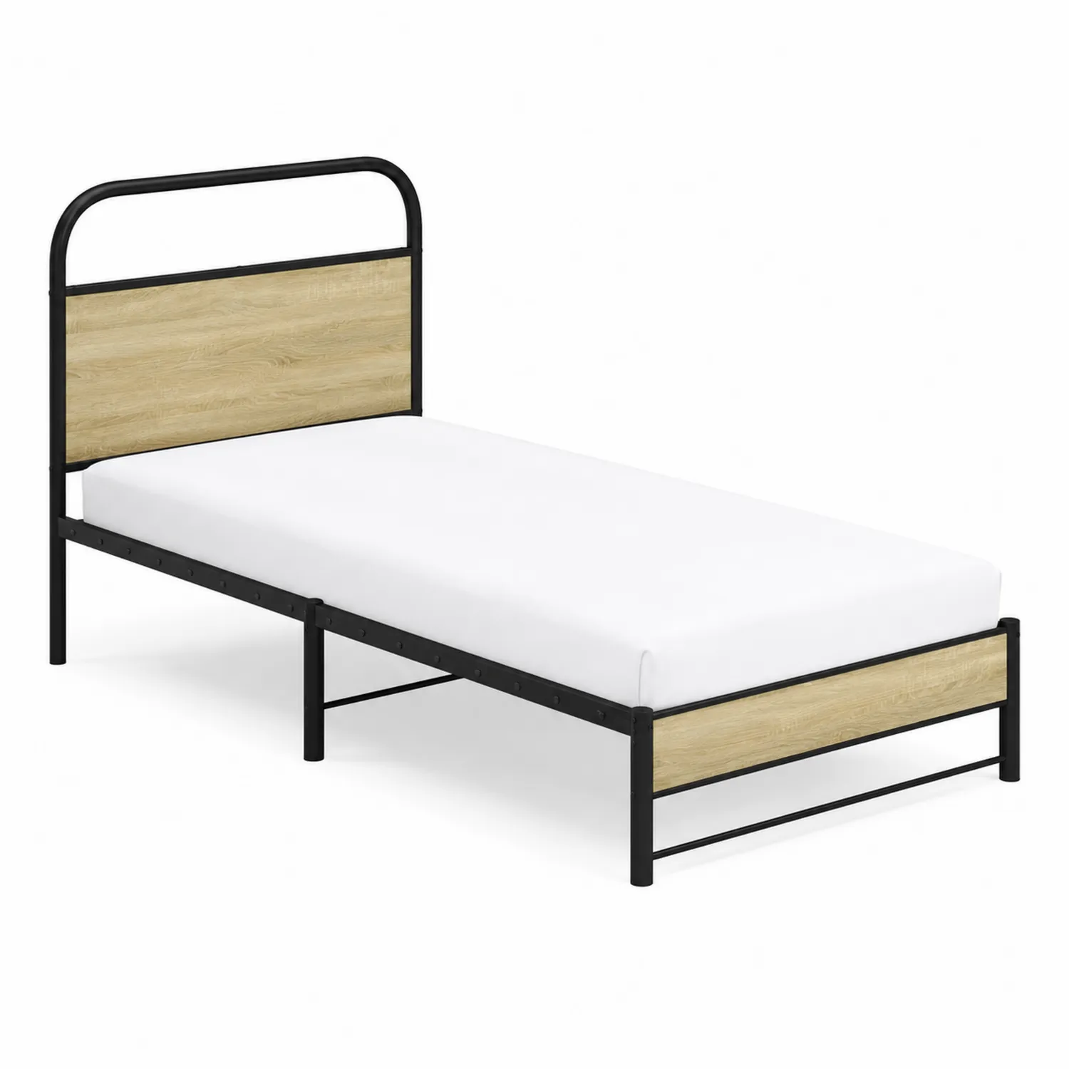 Letto singolo in metallo nero e pannelli in legno effetto rovere chiaro