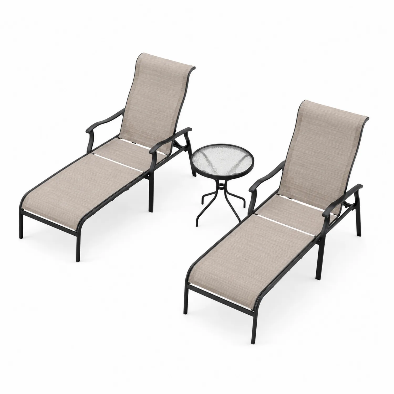 Set 2 Sdraio da Esterno in Metallo e Tessuto Beige con Tavolino in Vetro