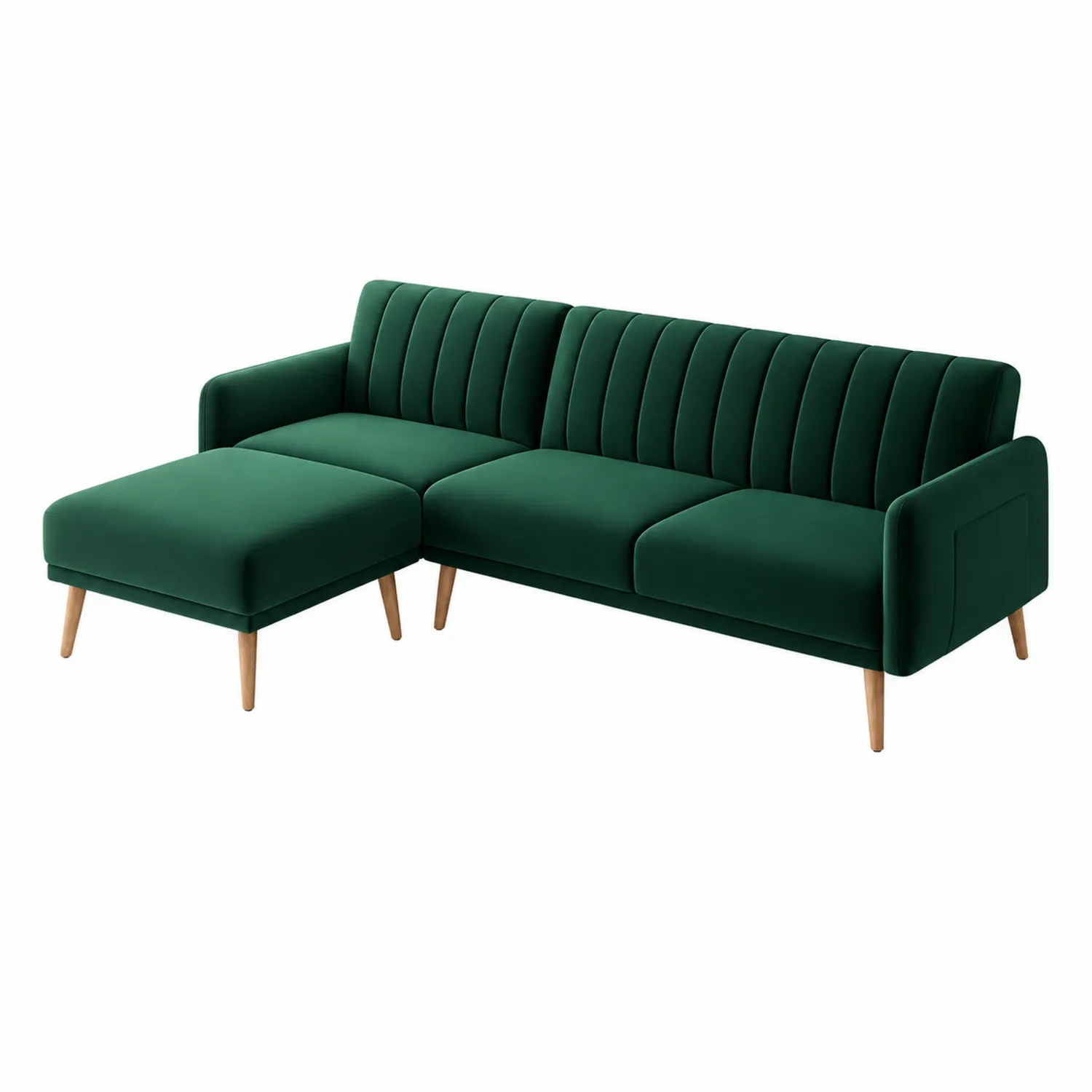 Divano modulare in velluto verde scuro con chaise longue e gambe in legno
