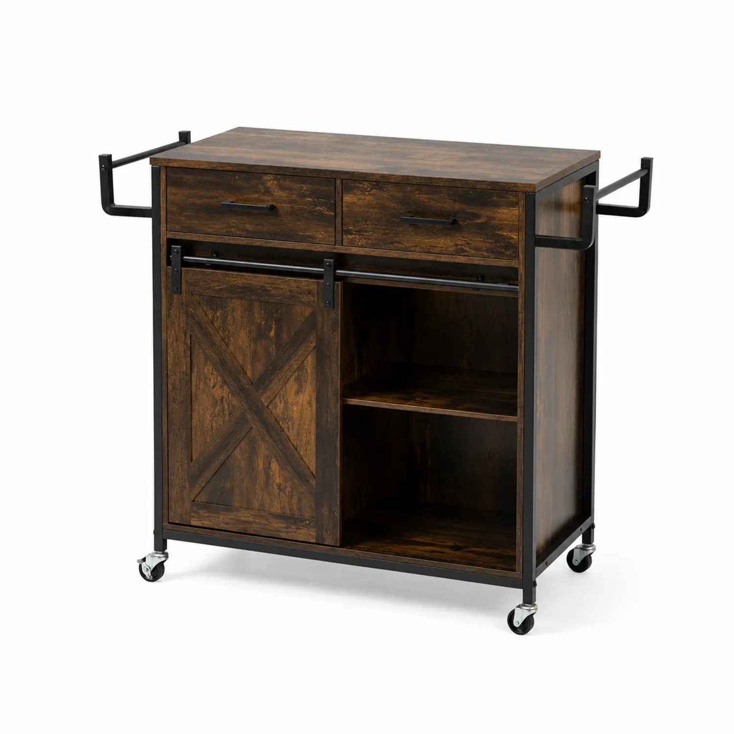 Carrello da Cucina in Legno e Metallo con Ante Scorrevoli, Marrone, 80x40x90cm
