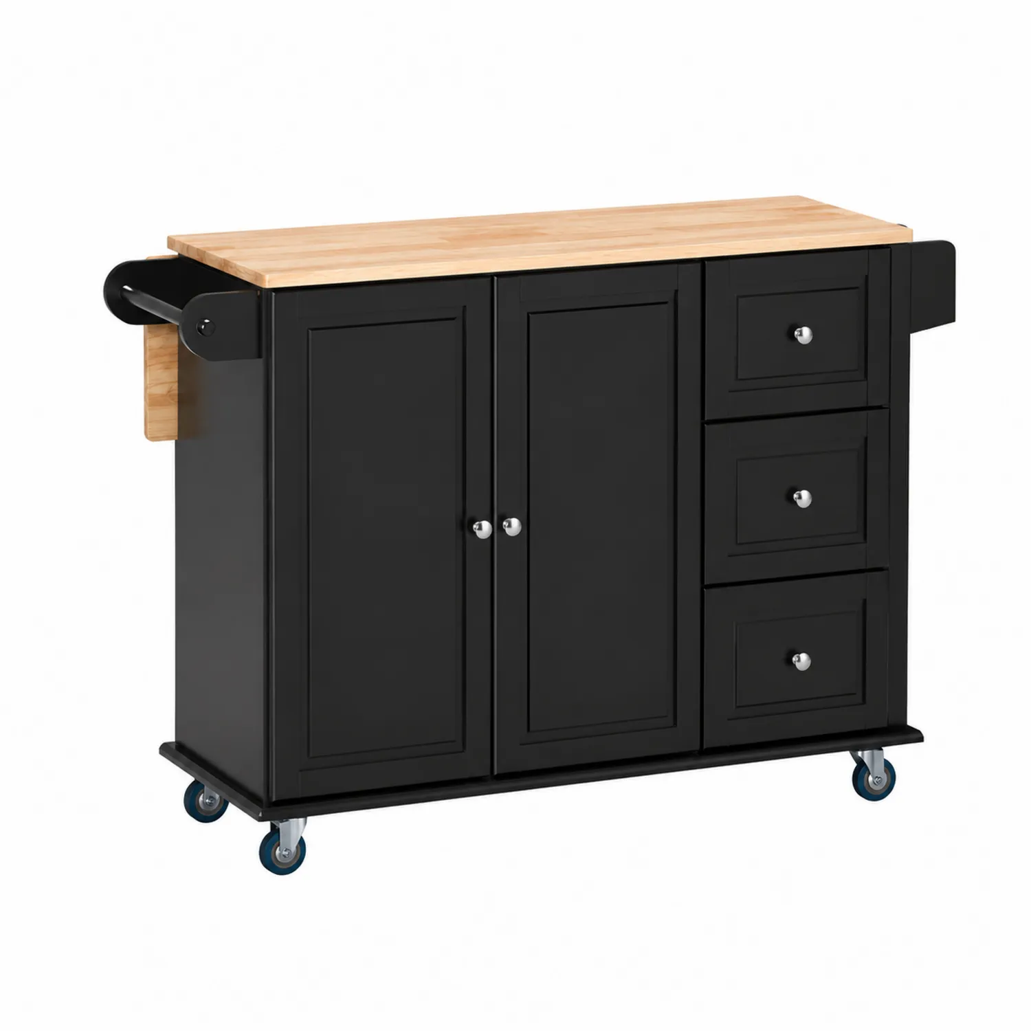 Carrello cucina nero con top in legno 3 cassetti 2 ante su rotelle